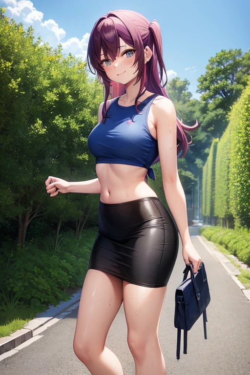 1girl, woman walking, wearing blue t-shirt tied, crop top, tight black midi pencil skirt, sneakers, socks, outdoors, garden, summer, sweat, long purple hair, looking at viewer, full body, smile, blush