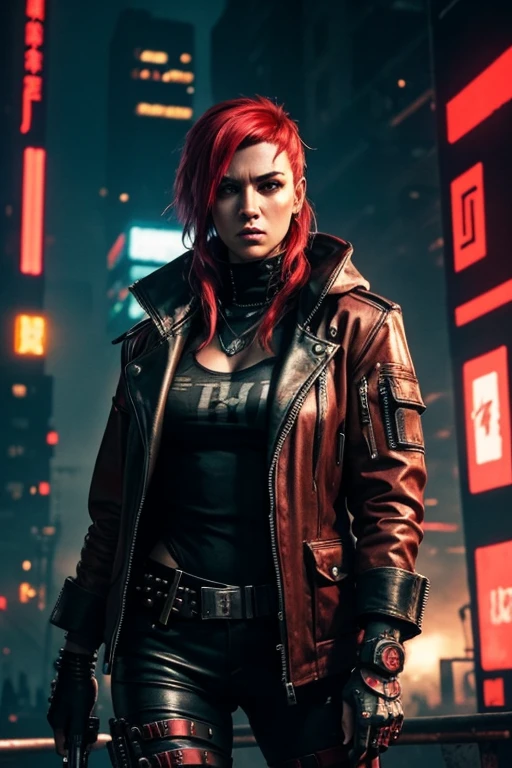 Cyberpunk, Cyperpunk themes, Female Gangster, wearing Mad Max style equipment, clothing is primarily red