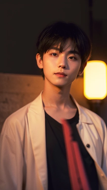 (Highly realistic photos, concentrated、High resolution, Detailed face, Detailed Hair,fine grain), ((Shooting in front of a wall))、Japanese men, 20-year-old, (Two boys),There are two people in the photo、Natural look、Upper body portrait, good looking,View the viewer,manly,short hair,Dyed red hair and blonde,masterpiece,Create a soft face,Not a smile, but still friendly, sunghoon, (Sung Hoon), enhypen, stage makeup, fair skin, broad shoulders, (redhead, :1.2), (bionde, :1.2) (neckless), highlights the vibrancy of Tokyo nightlife, vibrant lighting against a dark background, natural pose, standing close together without arms around each other's shoulders, this intense neon lighting creates a dynamic, colorful shadow on his face --ar 3:4 --style raw --stylized 250