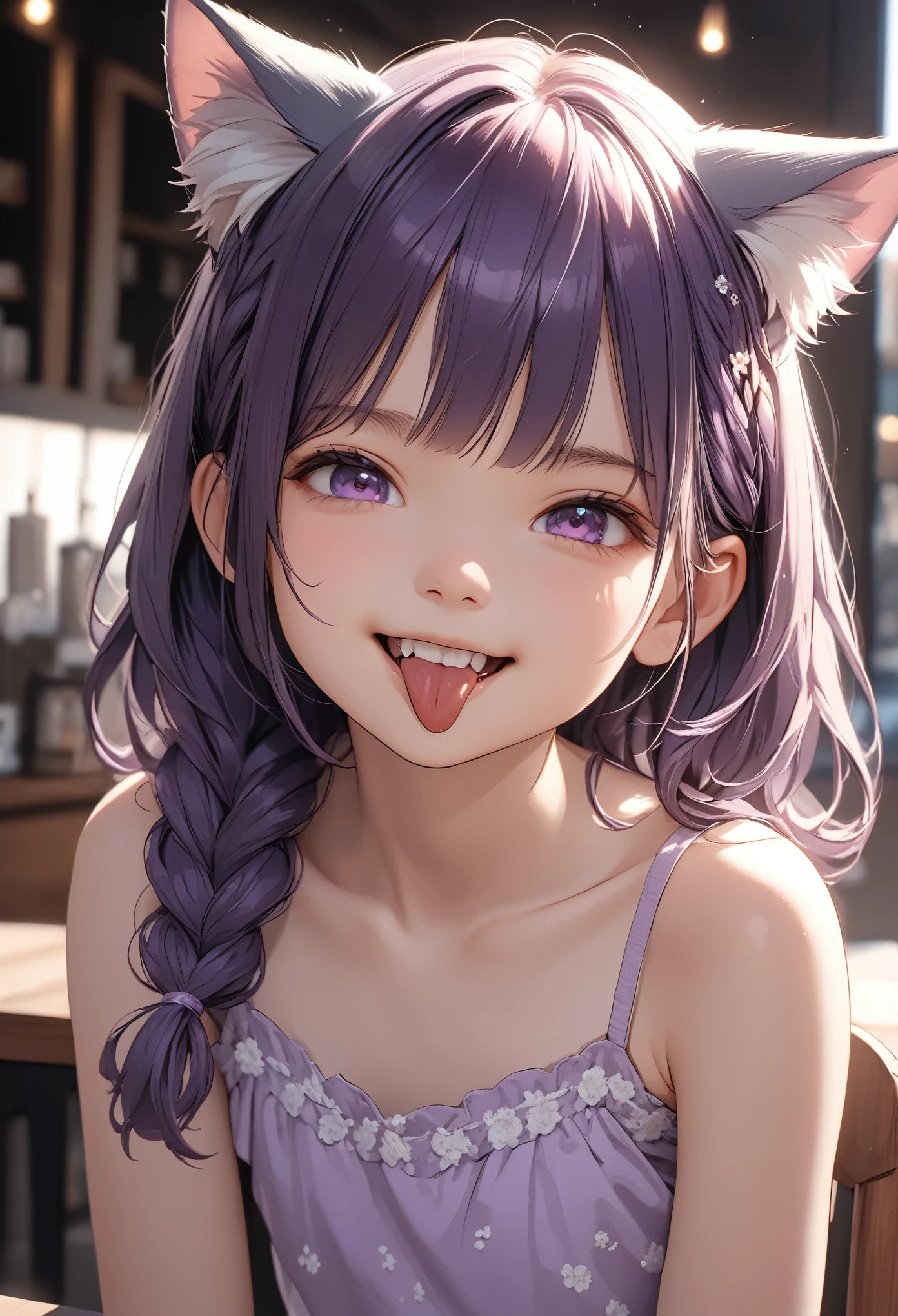 ((Masterpiece)), ((best quality)), ((kawaii)), ((extremely detailed)), 4K, (8K), (super detail:1.2), (High Definition:1.3), (Professional Photography:1.2), cinematic lighting, (very aesthetic:1.2), (absurdres:1.2), (sharp focus), (perfect light), ((1girl)),((12 years old)), (1girl), cute young girl, (naughty smile), ((sticking out tongue)), (Beautiful deep purple eyes:1.2), (put on cat ears),  girl, (Embroidered cute camisole), small breast, Healthy skin, (Healthy slim body), shortpants, pudgy cheeks, BREAK, ((best quality)), (very aesthetic:1.2), (absurdres:1.2), ((extremely detailed)), (loose blunt bangs), ((loose braids)), medium hair, ((beautiful pale brown hair)), 🌈, ((Eating vanilla ice cream)), loose sitting on chair, ice cream on the café terrace, (the Midsummer Cafe Terrace),  Large Cumulonimbus Clouds, pastel colors clouds, kawaii, cute colors,