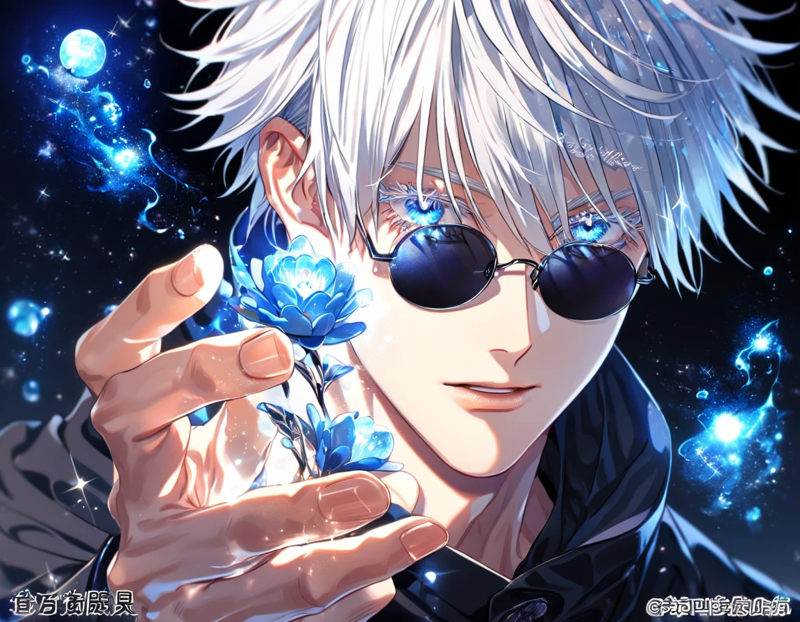 absurdres, highres, ultra detailed, HDR, master piece, best quality, extremely detailed, Gojou Satoru, white hair, expressive blue eyes, white eyelashes, round black sunglasses, Jujutsu Kaisen, solo, sexy man, handsome, black clothes, fantasy, magic, water, sparkling, blue glittering fireflies, blue moon, blue blossoms, blue flowers, blue sparkling lights, starry sky