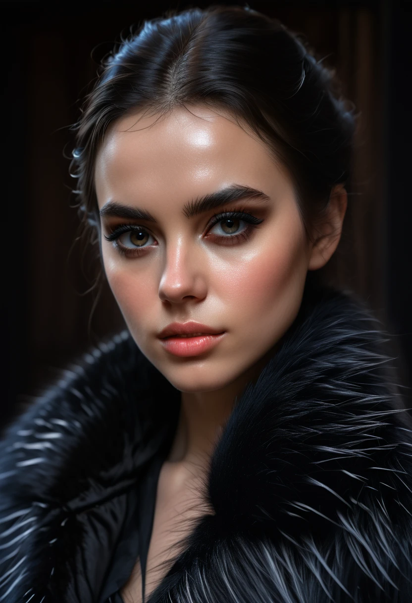 a beautiful image by w3dn3sday, Masterpiece, photorealistic, Women, detailed, 4k, HDR, backlighting, light, Raw color photo,(completely in frame:1.1), detailed skin texture, (blush:0.5), (Goosebumps:0.5), Collections,black fur  