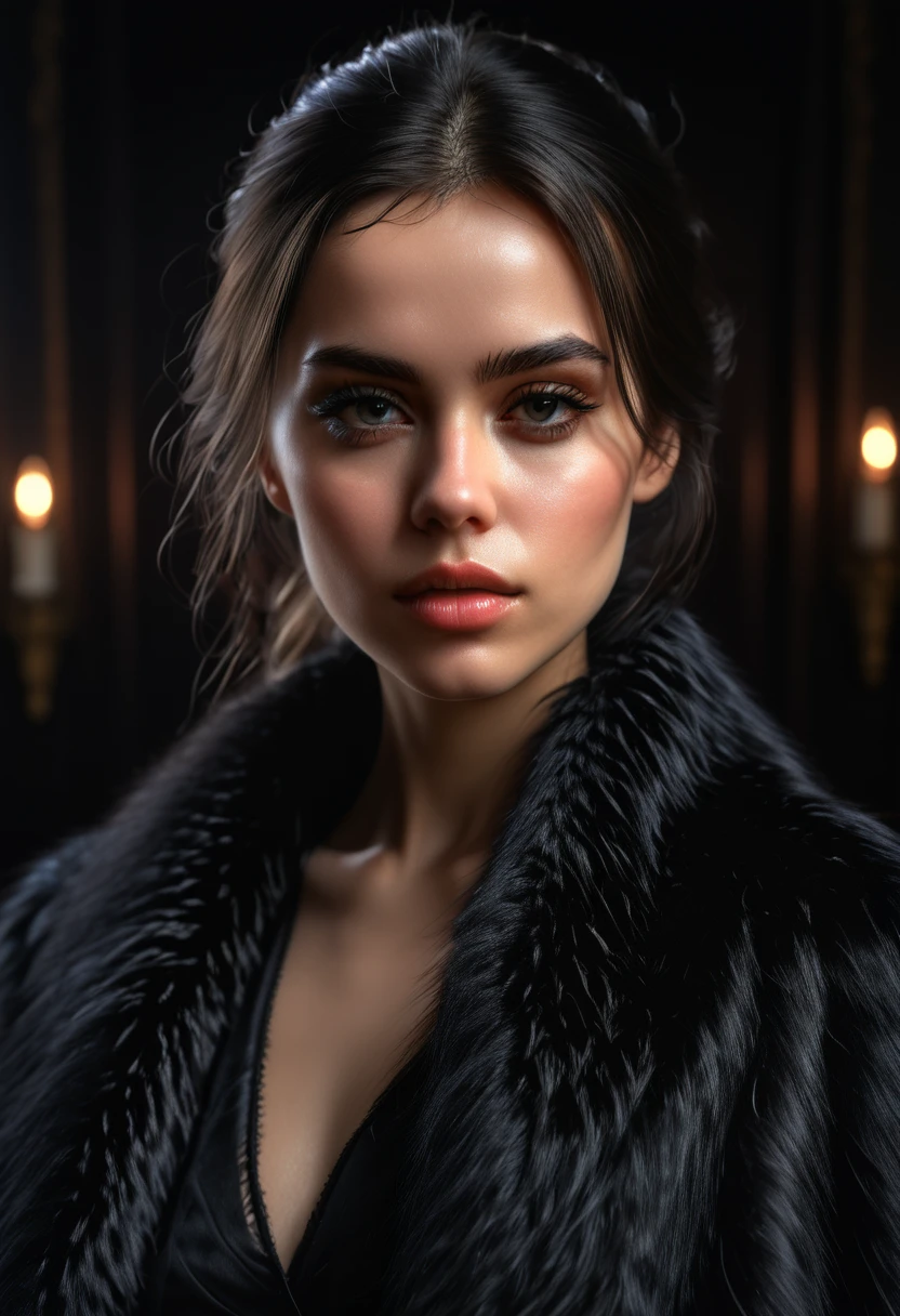 a beautiful image by w3dn3sday, Masterpiece, photorealistic, Women, detailed, 4k, HDR, backlighting, light, Raw color photo,(completely in frame:1.1), detailed skin texture, (blush:0.5), (Goosebumps:0.5), Collections,black fur  