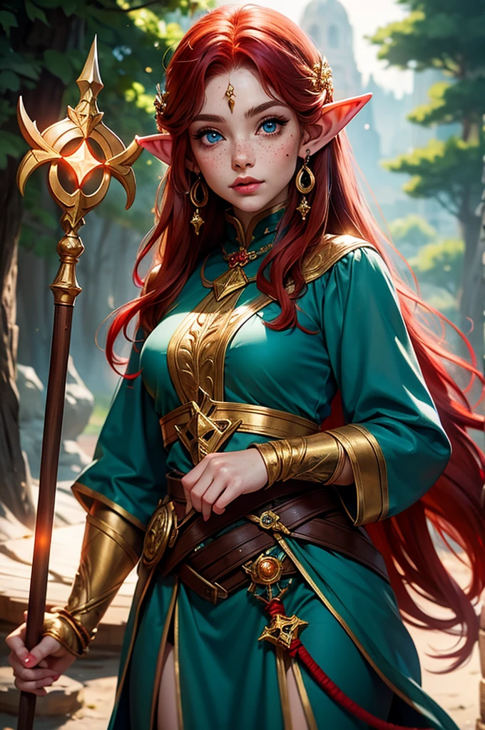 Beautiful elf girl, red hair with light blue eyes and gold earrings in her ears, freckles on his cheeks and a wooden staff 