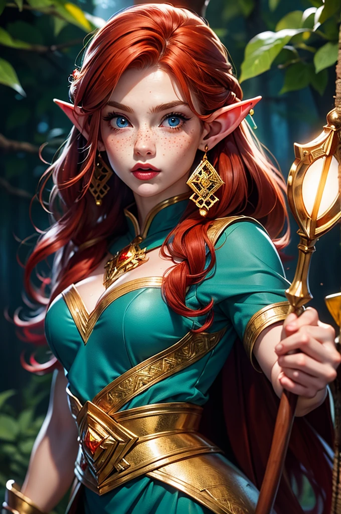 Beautiful elf girl, red hair with light blue eyes and gold earrings in her ears, freckles on his cheeks and a wooden staff