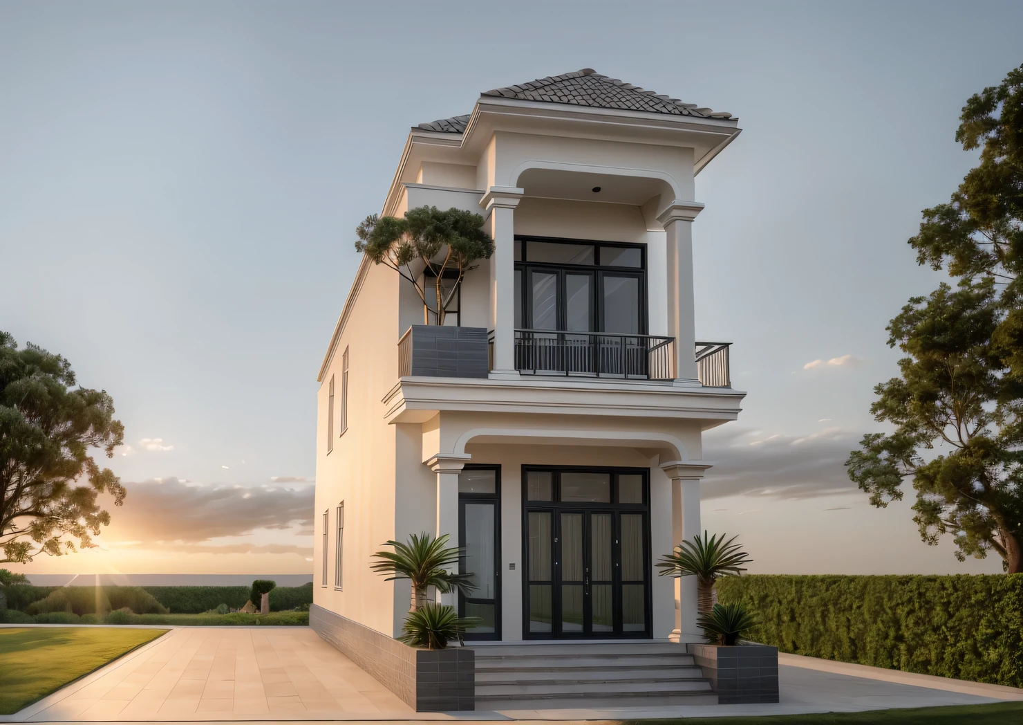 PLATFORM KTHOUSE, 1 neoclassical villa, main materials of the villa: light gray wall construction: 1.2 and stone: 1.2, 1 large yard, 1 running track in front of the house, (RAW photo, real, best quality, great effects:1.2 ), blue sky :1.3, (super realistic, photo-realistic:1.2), high quality, (sunrise light:1.3), perfect lighting, Archdaily