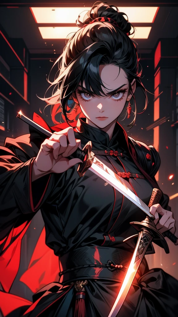 Close-up of a person holding a sword in a dark room, she is holding a knife sword, knife, unsheathing her knife, Works inspired by Kano Hogai, Maid, dramatic wielding knife pose, knife zero, Very beautiful cyberpunk samurai, 薙knifeを持ったキツネの野武士, With a big sword