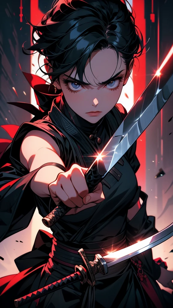 Close-up of a person holding a sword in a dark room, she is holding a knife sword, knife, unsheathing her knife, Works inspired by Kano Hogai, Maid, dramatic wielding knife pose, knife zero, Very beautiful cyberpunk samurai, 薙knifeを持ったキツネの野武士, With a big sword