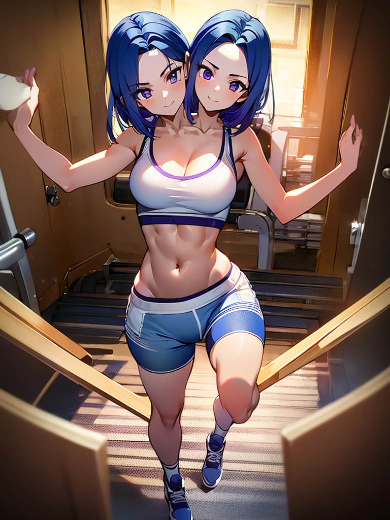 (masterpiece, best quality), best resolution, (2heads:1.5), 1girl, slender athletic, blue hair, indigo eyes, blue hot pants, purple sports bra, standing pose, happy, energetic, gym background