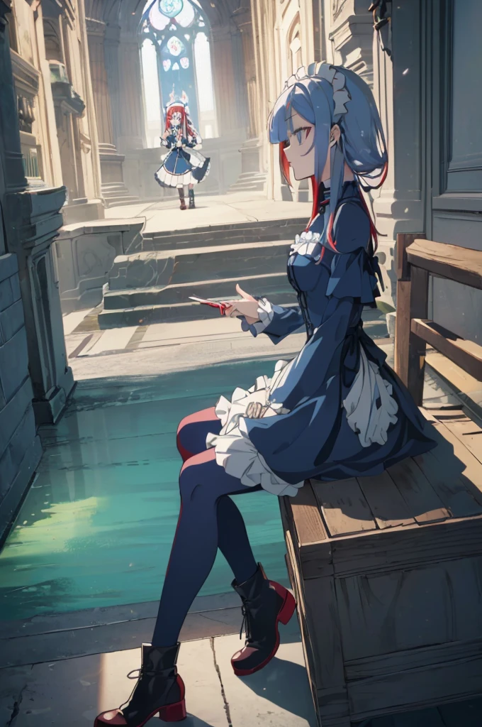 [(cathedral background:1.4)::5],original,(illustration:1.1),(best quality),(masterpiece:1.1),(extremely detailed CG unity 8k wallpaper:1.1), (colorful:0.9),(mid shot:0.95),(full body:1.5),Dynamic angle,(solo:1.2), (girl),((adult)), (detailed beautiful eyes:1.15), (beautiful face:1.15), (glowing red eyes:1.25////),((medium hair)),((split-color hair,red hair,blue hair)),(high twintails),(chignon),(+perfect hand+:1.21),(Draw an illustration of a gothic girl),(Religious),(slender),(is wearing boots on her feet),((is wearing white maid clothes)),(furious), Lace Off-shoulder ta fashion,beautiful slender woman,high twintails,((split-color hair,red hair,blue hair)),((split-color hair,red hair,blue hair)),from side,((split-color hair,red hair,blue hair)),