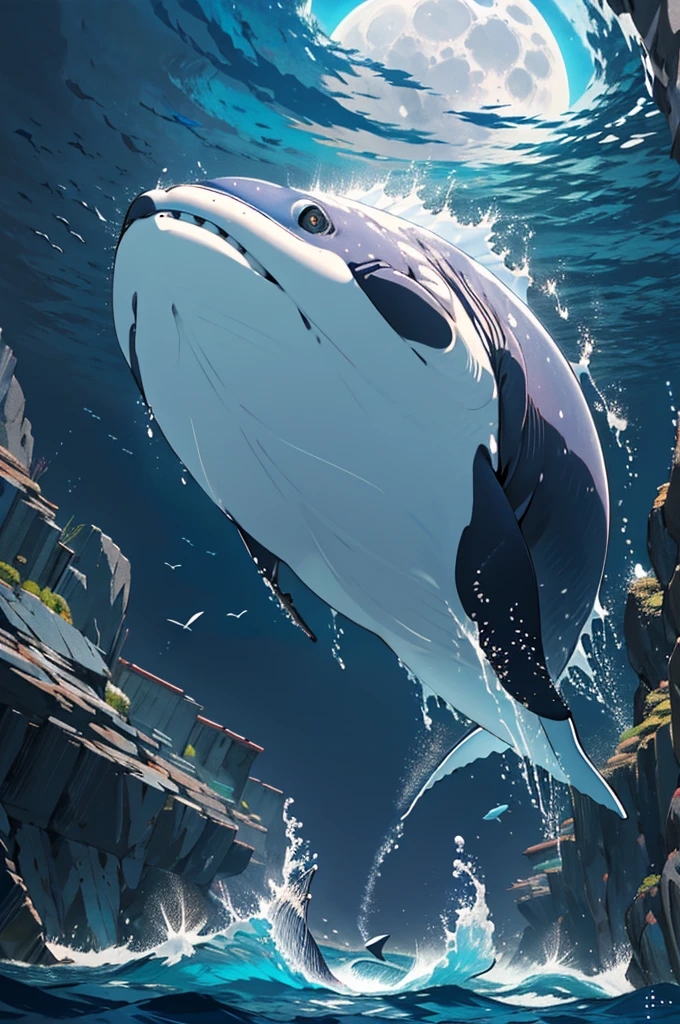 a huge quality WHALE, at the bottom of the sea with several fish of different colors swimming PLASMA GLOWS coming out of the huge whale with quality and texture, whale and fish just from inside the sea, fully detailed whale, fully detailed sea, GLOW, QUALITY AND TETURE, whale being seen from INSIDE THE SEA, THE SEA MUST BE LIT BY THE MOON AT NIGHT