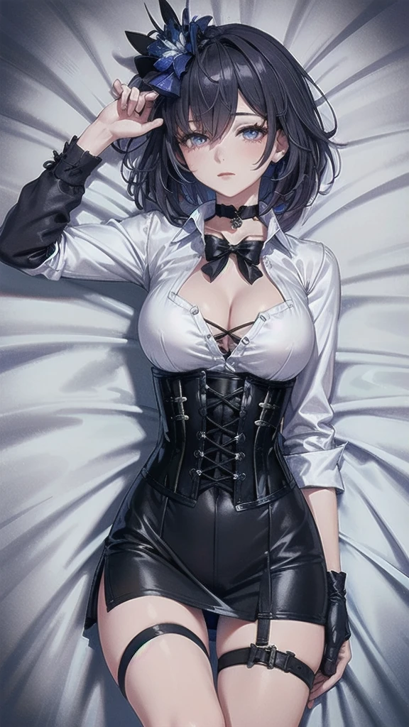 Masterpiece, Best Quality, (perfect anatomy,realist:1.3, lying on the ground,  (1 girl in:1), 1 woman, (big breasts:1.2), Closed eyes. sexy body, thin waist, Attractive front curves, round and soft chest,  (black fur:1.6, short hair), evening, he wears transparent glasses, choker 1:6, (White long sleeve collar shirt:1.4), (corset　black leather), black gloves covering hands, (shiny black tight mini skirt), blood stains on the floor, snowy dark forest, snow, night sky, Atmosphere, perfect hands