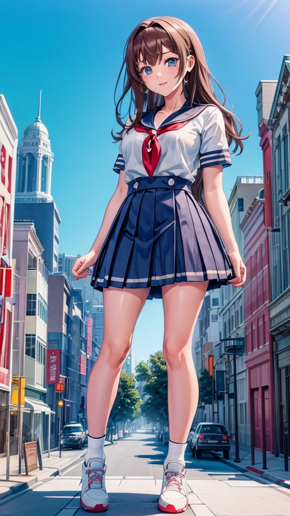 masterpiece Unreal Engine Anime Style Delicate painting 4K 90's giant Multiple Girls crowd School building City School buildingの谷間に立っている巨大な女子高生 school uniform Sailor suit skirt Black Hair smile female giant giant girl Whole body Destroyed skyscrapers Destroyed cars Crowd Unreal Engine,cleavage ,a drawing of a , earrings, long hair, 1980s (style) Cute picture Beauty Analog style whole body sneakers
