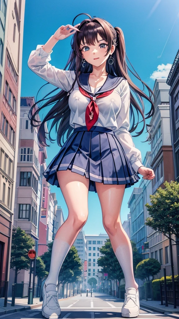 masterpiece　　Unreal Engine　Anime Style　Delicate painting　4K　90's　giant　Multiple Girls　crowd　School building 　City　　School buildingの谷間に立っている巨大な女子高生　school uniform　Sailor suit　skirt　Black Hair　　smile　female giant giant girl Whole body 　 Destroyed skyscrapers Destroyed cars Crowd Unreal Engine,cleavage ,a drawing of a , earrings, long hair, 1980s (style) Cute picture　Beauty　Analog style　whole body　sneakers　