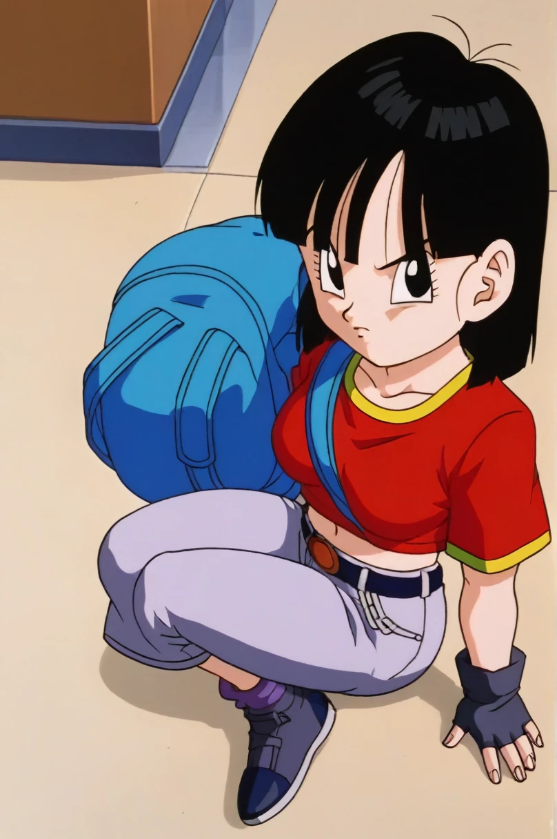 fountain_cheered up, score_9, score_8_above, score_7_above, cheered up screencap,8k, absurd resolution,
Pan \(Dragon Ball\), 1 girl, Alone, looking at the viewer, short hair, hits, black fur, session, whole body, short sleeves, sneakers, black gloves, golden ornaments, loose socks, belt, blue bag, black shoes, black eyes, chain, crossed arms, crossed legs, schoolbag, denim, Red shirt, orange scarf, retro artStyle, female , grey Pants, Waist bag, purple tights, Shoe soles, v shaped eyebrows, from below, rock, diaphragm, clavicle, 1990s \(Style\),showing buttocks, sexy body, naked, NSFW, unclothed, medium breasts