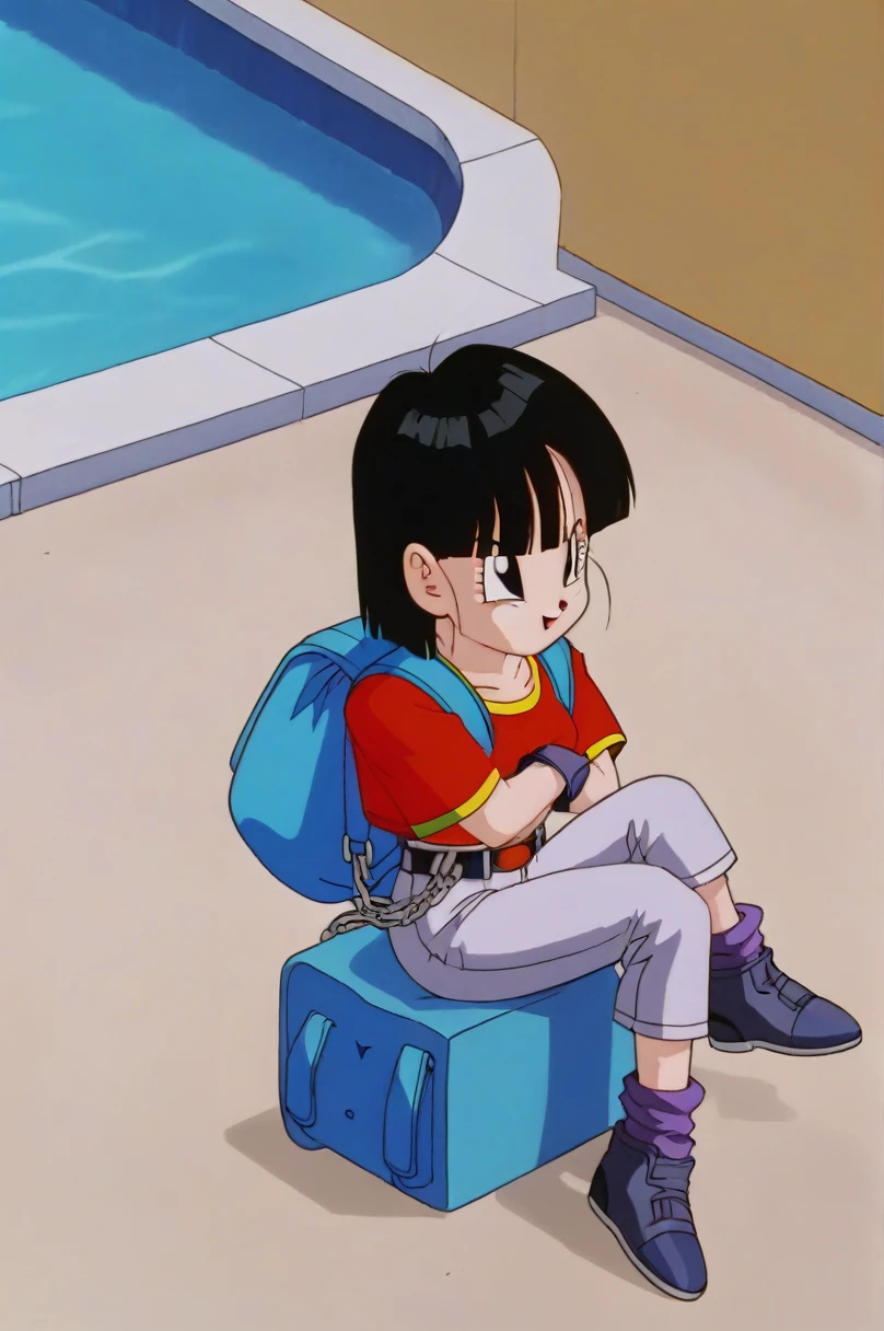 fountain_cheered up, score_9, score_8_above, score_7_above, cheered up screencap,8k, absurd resolution,
Pan \(Dragon Ball\), 1 girl, Alone, looking at the viewer, short hair, hits, black fur, session, whole body, short sleeves, sneakers, black gloves, golden ornaments, loose socks, belt, blue bag, black shoes, black eyes, chain, crossed arms, crossed legs, schoolbag, denim, Red shirt, orange scarf, retro artStyle, female , grey Pants, Waist bag, purple tights, Shoe soles, v shaped eyebrows, from below, rock, diaphragm, clavicle, 1990s \(Style\),showing buttocks, sexy body, naked, NSFW, unclothed, medium breasts