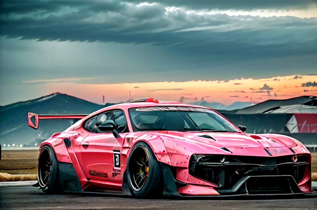 Supercar-forza game ready design, wide body, custom design build, cinematic, wide angle, studio light, tactical bodywork for supreme aerodynamics, (dirt neon grungy pink), broody and atmospheric, ominous sky, low light, vivid and gritty, retro futuristic sci-fi influences 