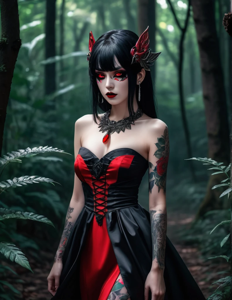 quality(8k wallpaper of extremely detailed CG unit, masterpiece, hight resolution, top-quality, top-quality real texture skin,hyper realisitic, digitial painting,increase the resolution,RAW photos,best qualtiy,highly detailed,the wallpaper),BREAK,8K, anime -style art , full body , mixed color eyes, black makeup, very white skin, metalic black hair long, jewelry, tattoos, toxic mask , red eyes, black dress, dark background, standing in middle of dark forest , shoot from rare