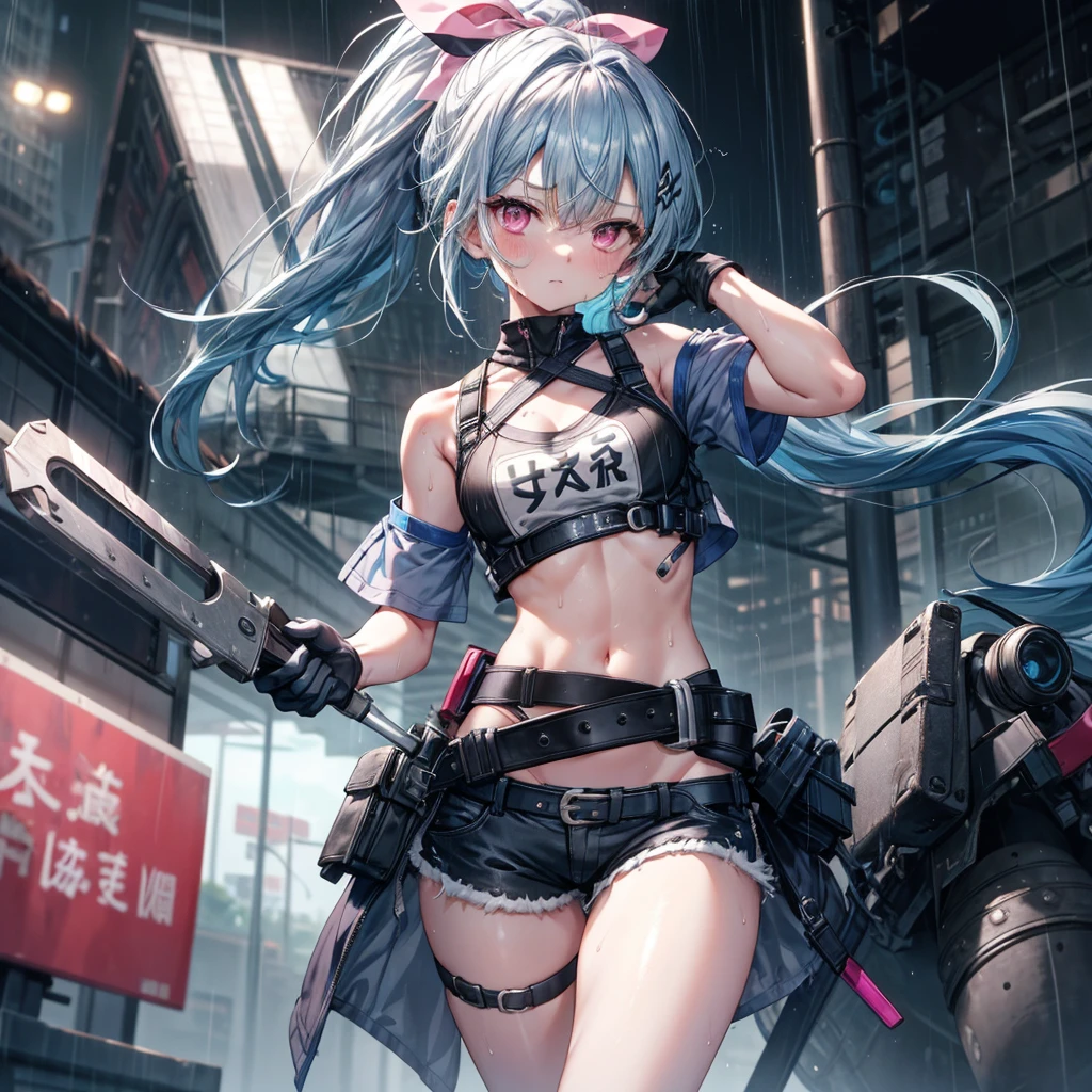 ((Highest quality)), ((masterpiece)), ((detailed)), (4K), a girl with blue hair and a top with short sleeves holding a screw driver, 1girl, 独奏, mechanical parts, long hair, blue hair, navel, gloves, shorts, breasts, sweat, wrench, short shorts, very long hair, underwear, panties, holding, belt, arm up, ponytail, small breasts, blurry background, gray sky, rain, looking at viewer, black gloves, white panties, sports bra, wiping sweat, bow, bare shoulders, bangs, cowboy shot, pink eyes, midriff, hair bow, (expressionless), face focus