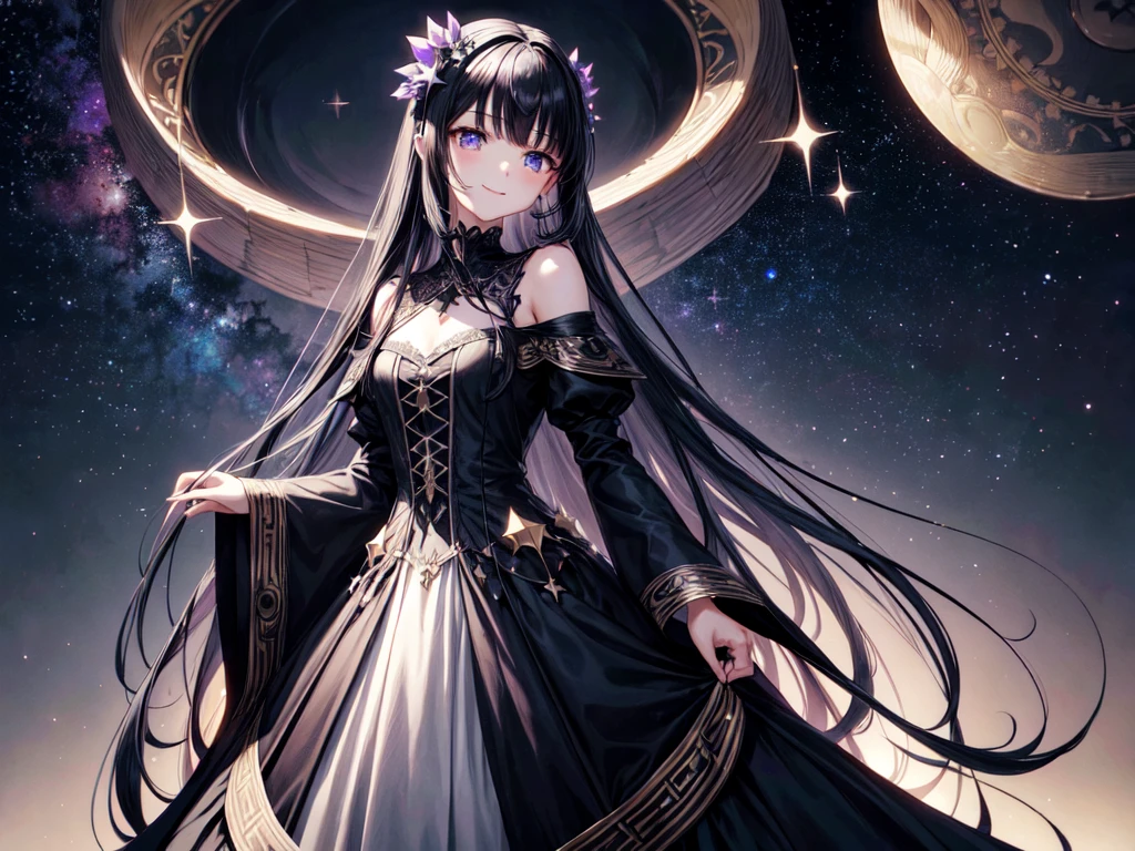 Straight Long Hair、Gothic Dress、Straight Dress、Black Hair、Iris、Gorgeous dress、smile、Big Breastoon Hair Ornament Galaxy、惑star、star、Floating.Delicate writing、masterpiece, Highest quality, High resolution:1.4、 Detailed write-up、 4K, Line art, Only one person、