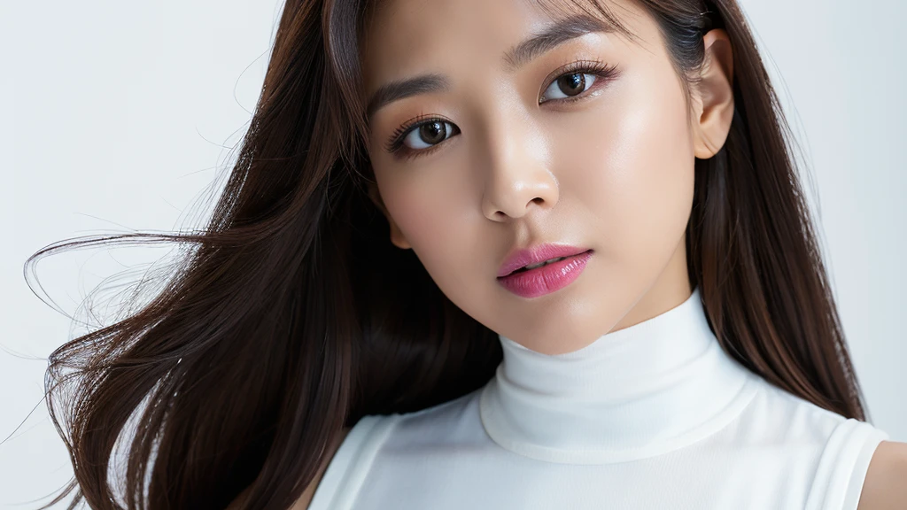 (Detailed face),vivid,White sleeveless top and turtleneck,4K,Ultra-high resolution,（Photorealistic：1.7）,Black long hair,White Background,