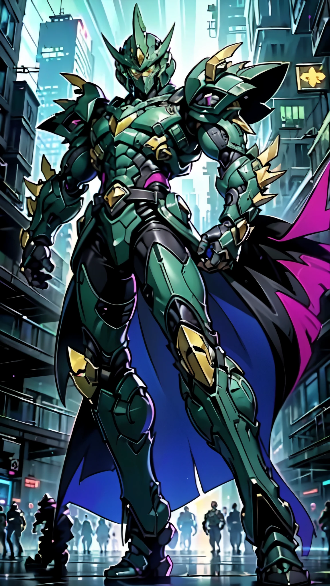 (masterpiece:1.5, best quality:1.5, extremely delicate:1.5, perspective:1.5, foreshortening:1.5, dynamic angle:1.5), a man wearing a full-face helmet, a fantasy-style biotech armored combat suit, green eyes, (a composite layered chest armor), fully enclosed shoulder guards, matching arm and leg guards, the belt is adorned with neon circuitry, (the color scheme is primarily black glow with green and red accents), the design balances heavy with agility, a high-tech bio-mecha armor, (Armor Concept Inspired by neon Cyberpunk, stand on the top of a skyscraper in a futuristic sci-fi city), this character embodies a finely crafted fantasy-surreal style armored hero in anime style, exquisite and mature manga art style, (battle damage, element, plasma, energy, the armor glows), ((male:1.5)), metallic, high definition, highres, ultra-detailed, ultra-fine painting, professional, perfect body proportions, golden ratio, anatomically correct, symmetrical face, extremely detailed eyes and face, high quality eyes, creativity, RAW photo, UHD, 32k, Natural light, cinematic lighting, masterpiece-anatomy-perfect