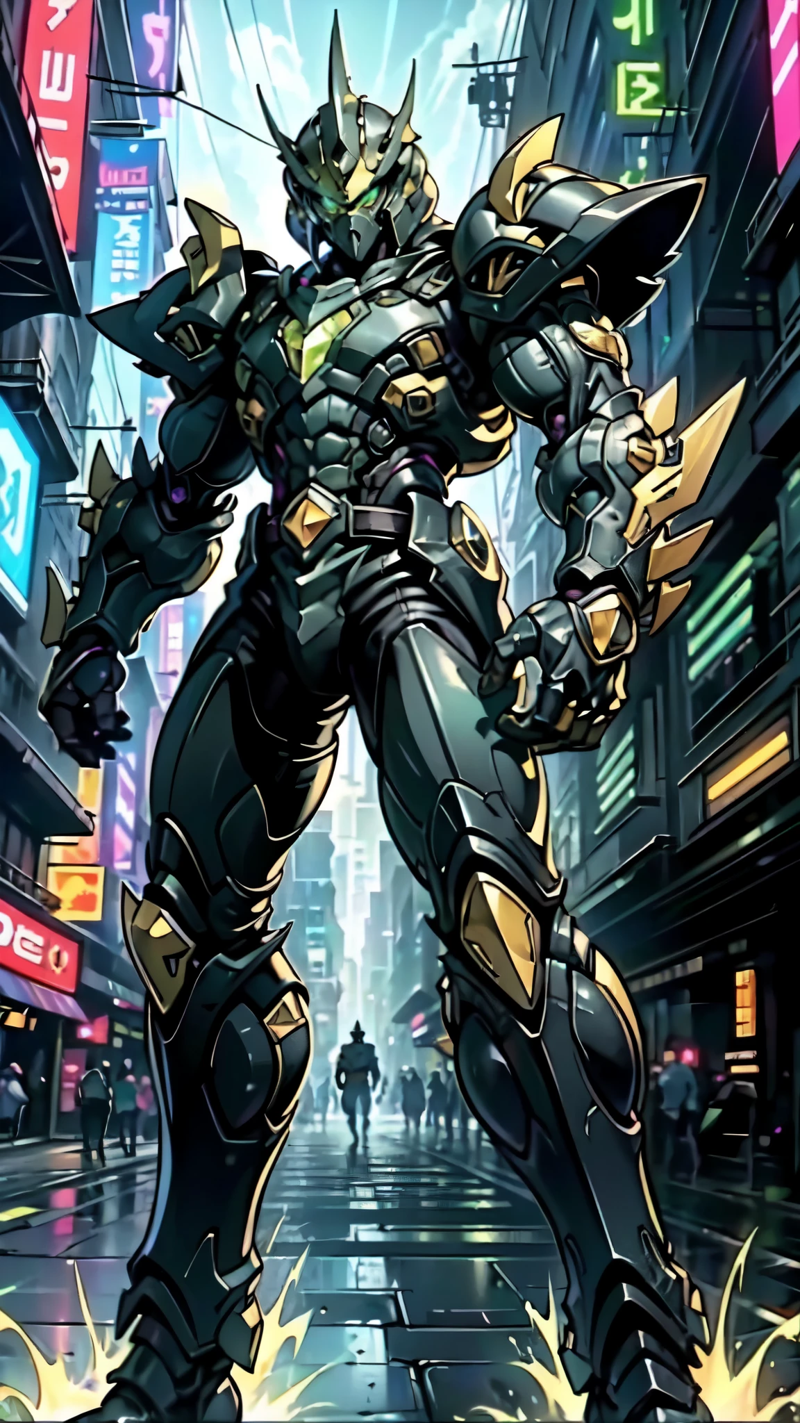 (masterpiece:1.5, best quality:1.5, extremely delicate:1.5, perspective:1.5, foreshortening:1.5, dynamic angle:1.5), a man wearing a full-face helmet, a fantasy-style biotech armored combat suit, green eyes, (a composite layered chest armor), fully enclosed shoulder guards, matching arm and leg guards, the belt is adorned with neon circuitry, (the color scheme is primarily black glow with green and red accents), the design balances heavy with agility, a high-tech bio-mecha armor, (Armor Concept Inspired by neon Cyberpunk, stand on the top of a skyscraper in a futuristic sci-fi city), this character embodies a finely crafted fantasy-surreal style armored hero in anime style, exquisite and mature manga art style, (battle damage, element, plasma, energy, the armor glows), ((male:1.5)), metallic, high definition, highres, ultra-detailed, ultra-fine painting, professional, perfect body proportions, golden ratio, anatomically correct, symmetrical face, extremely detailed eyes and face, high quality eyes, creativity, RAW photo, UHD, 32k, Natural light, cinematic lighting, masterpiece-anatomy-perfect