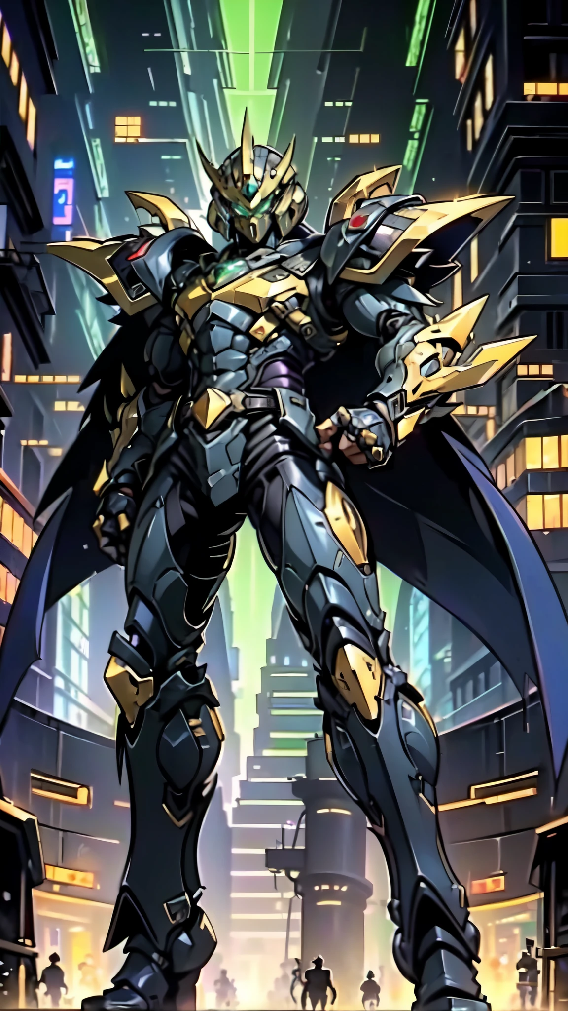 (masterpiece:1.5, best quality:1.5, extremely delicate:1.5, perspective:1.5, foreshortening:1.5, dynamic angle:1.5), a man wearing a full-face helmet, a fantasy-style biotech armored combat suit, green eyes, (a composite layered chest armor), fully enclosed shoulder guards, matching arm and leg guards, the belt is adorned with neon circuitry, (the color scheme is primarily black glow with green and red accents), the design balances heavy with agility, a high-tech bio-mecha armor, (Armor Concept Inspired by neon Cyberpunk, stand on the top of a skyscraper in a futuristic sci-fi city), this character embodies a finely crafted fantasy-surreal style armored hero in anime style, exquisite and mature manga art style, (battle damage, element, plasma, energy, the armor glows), ((male:1.5)), metallic, high definition, highres, ultra-detailed, ultra-fine painting, professional, perfect body proportions, golden ratio, anatomically correct, symmetrical face, extremely detailed eyes and face, high quality eyes, creativity, RAW photo, UHD, 32k, Natural light, cinematic lighting, masterpiece-anatomy-perfect