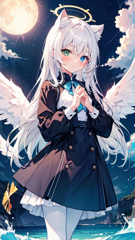 White hair,Long hair,Cat ear,Heterochromia blue-yellow,female face,There are bright spots in the eyes,Female hands,White little hands,Normal fingers,flat chest,Solitary,blue halo,On an island in the sky,Day and night mix,Angel Wings,White pantyhose,moon