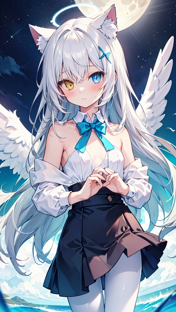 White hair,Long hair,Cat ear,Heterochromia blue-yellow,female face,There are bright spots in the eyes,Female hands,White little hands,Normal fingers,flat chest,Solitary,blue halo,On an island in the sky,Day and night mix,Angel Wings,White pantyhose,moon
