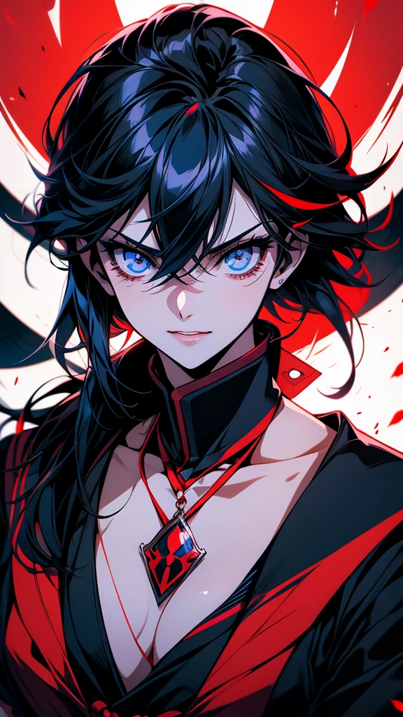 Anime character with black hair and blue eyes dressed in black, inspired by Okumura Masanobu, ryuko matoi, [[[[smile wickedly]]]], shikishi, The charming Ryuko Matoi, Gap Moe Yandere Grimdark, yuyushiki, portrait Gap Moe Yandere Grimdark, By Ren