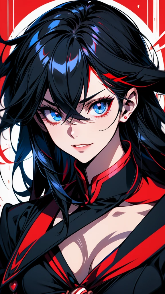 Anime character with black hair and blue eyes dressed in black, inspired by Okumura Masanobu, ryuko matoi, [[[[smile wickedly]]]], shikishi, The charming Ryuko Matoi, Gap Moe Yandere Grimdark, yuyushiki, portrait Gap Moe Yandere Grimdark, By Ren