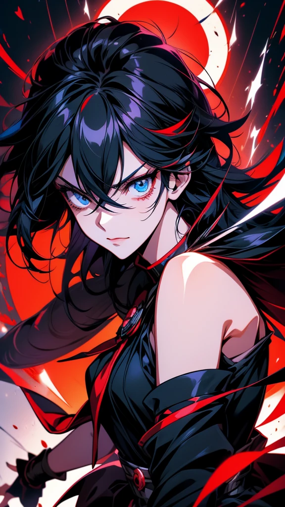 Anime character with black hair and blue eyes dressed in black, inspired by Okumura Masanobu, ryuko matoi, [[[[smile wickedly]]]], shikishi, The charming Ryuko Matoi, Gap Moe Yandere Grimdark, yuyushiki, portrait Gap Moe Yandere Grimdark, By Ren