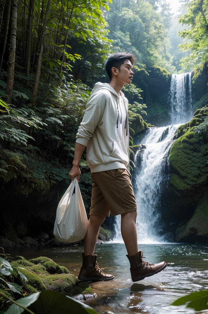 Full body cinematic portrait of Indonesian man, 30 years old, clean face, wearing white t-shirt, brown hoodie jacket and camping bag and boots, walking in the forest with a photo camera, outdoor photographer, green forest background with waterfall and river, professional photography, advertising shooting, portrait from the side, realistic, with a sunset atmosphere.