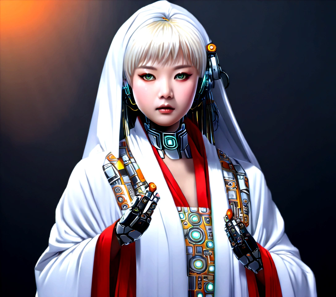(masterpiece:1.4), (artwork:1.2), (soft and simple colors:1.2), (mechanical arms:1.1), (heterochromia+multicolored:1.33), (1girl:1:1), (long white hair with bangs), (portrait:1:1), (best disinger), (wearing robotic+technological robes:1:2), (extremely drawn eyes:1.3), (well-made iris+painted+perfection:0.8)0.7], (extremely detailed CG 8k unit wallpaper0.6), (machine shop scenario:1:1)Malaysian woman (age 40, hijab no hair showing, cute face, strapless dress barely covering breasts, enormous breasts, a little fat, giga breasts), embarrassed, walking over a cooling vent, dress blowing up, show her entire body, show all of her
