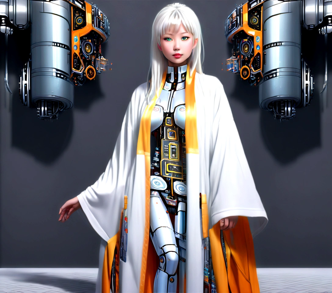 (masterpiece:1.4), (artwork:1.2), (soft and simple colors:1.2), (mechanical arms:1.1), (heterochromia+multicolored:1.33), (1girl:1:1), (long white hair with bangs), (portrait:1:1), (best disinger), (wearing robotic+technological robes:1:2), (extremely drawn eyes:1.3), (well-made iris+painted+perfection:0.8)0.7], (extremely detailed CG 8k unit wallpaper0.6), (machine shop scenario:1:1)Malaysian woman (age 40, hijab no hair showing, cute face, strapless dress barely covering breasts, enormous breasts, a little fat, giga breasts), embarrassed, walking over a cooling vent, dress blowing up, show her entire body, show all of her
