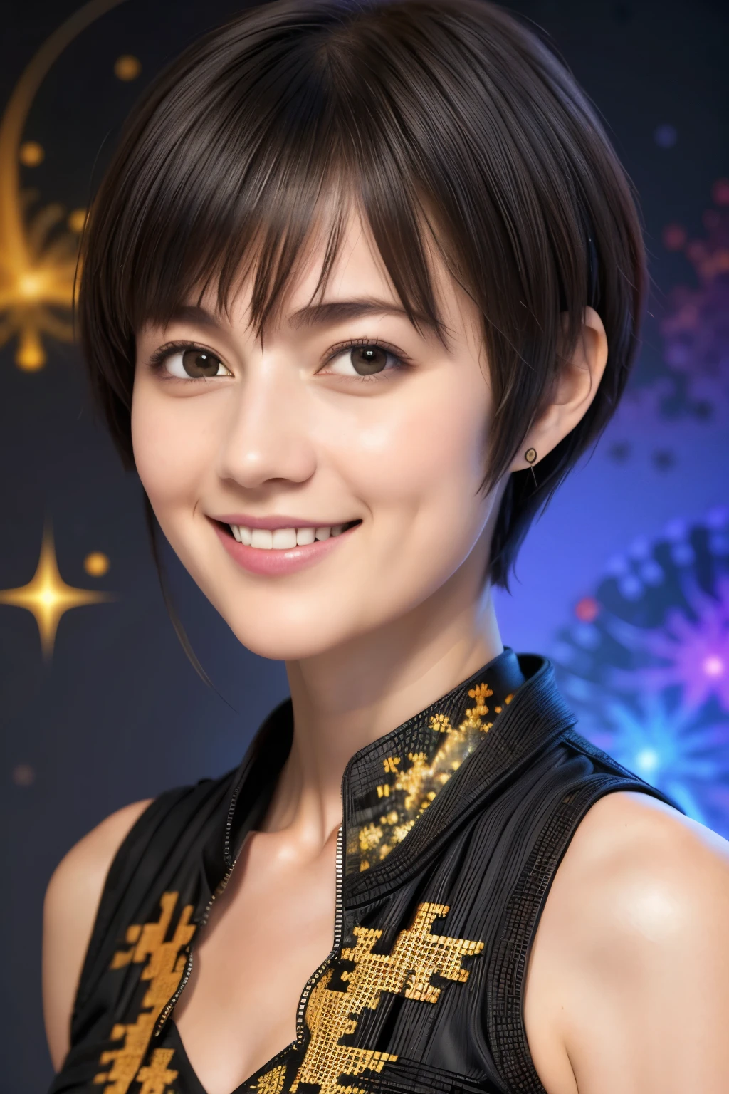 256 19-year-old female, (short hair),(Abstract background,Fractal Art:1.46), smile