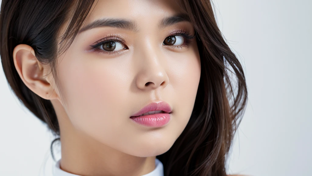 (Detailed face),vivid,White sleeveless top and turtleneck,4K,Ultra-high resolution,（Photorealistic：1.7）,Black long hair,White Background,