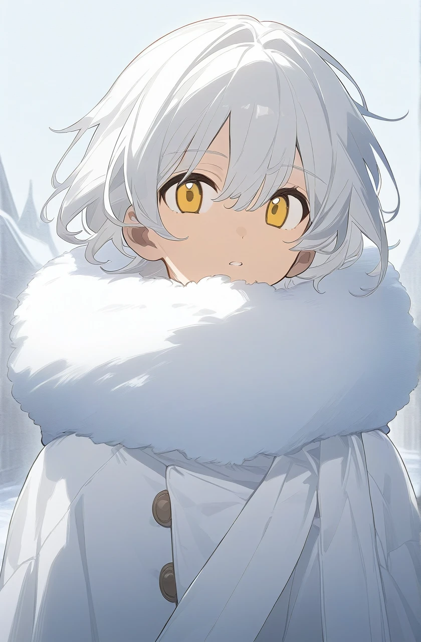 Warm winter clothes, best quality,1 boy ,short white hair, one light blue one yellow eyes,looking at viewer,half body, under the clear day sky,high resolution illustration,A full art illustration in a flat anime style An upper body portrait of this unique character, White northern clothing with fur