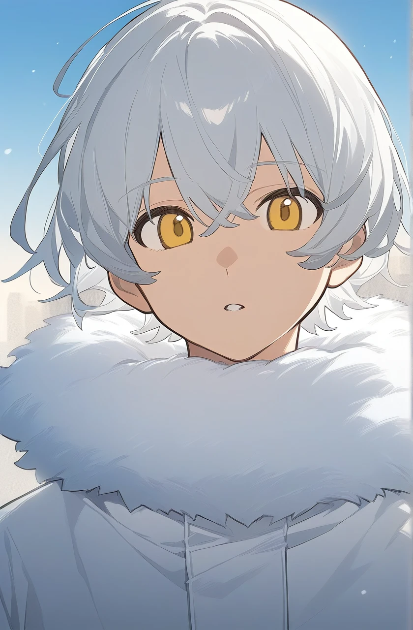 Warm winter clothes, best quality,1 boy ,short white hair, one light blue one yellow eyes,looking at viewer,half body, under the clear day sky,high resolution illustration,A full art illustration in a flat anime style An upper body portrait of this unique character, White northern clothing with fur