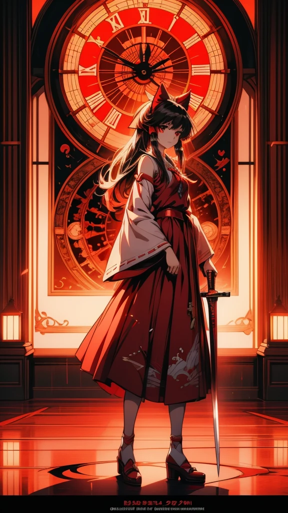 Anime girl with sword and red dress standing in front of clock tower, Touhou Project official artwork, Artistic rendering of Reimu Hakurei, detailed key Anime Art, From desire, high definition Anime Art, Anime Artwork, The Detailed Art of the Onmyoji, Anime still film Anime colored paper, Anime Art, By Ren, beautiful Anime Artwork