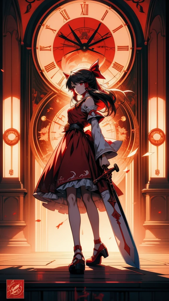 Anime girl with sword and red dress standing in front of clock tower, Touhou Project official artwork, Artistic rendering of Reimu Hakurei, detailed key Anime Art, From desire, high definition Anime Art, Anime Artwork, The Detailed Art of the Onmyoji, Anime still film Anime colored paper, Anime Art, By Ren, beautiful Anime Artwork