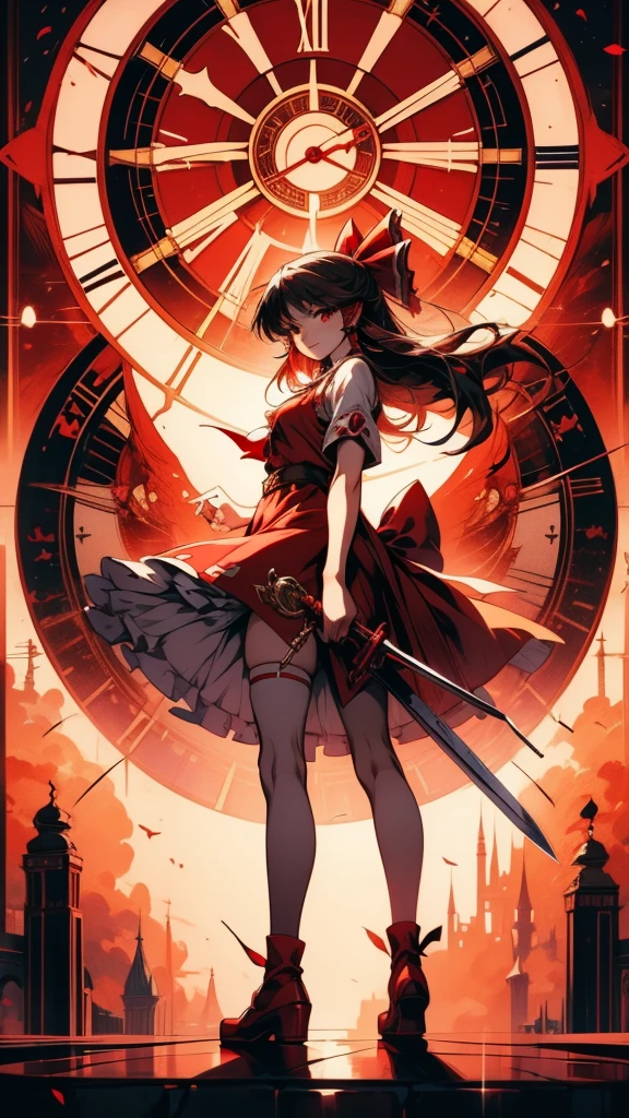 Anime girl with sword and red dress standing in front of clock tower, Touhou Project official artwork, Artistic rendering of Reimu Hakurei, detailed key Anime Art, From desire, high definition Anime Art, Anime Artwork, The Detailed Art of the Onmyoji, Anime still film Anime colored paper, Anime Art, By Ren, beautiful Anime Artwork