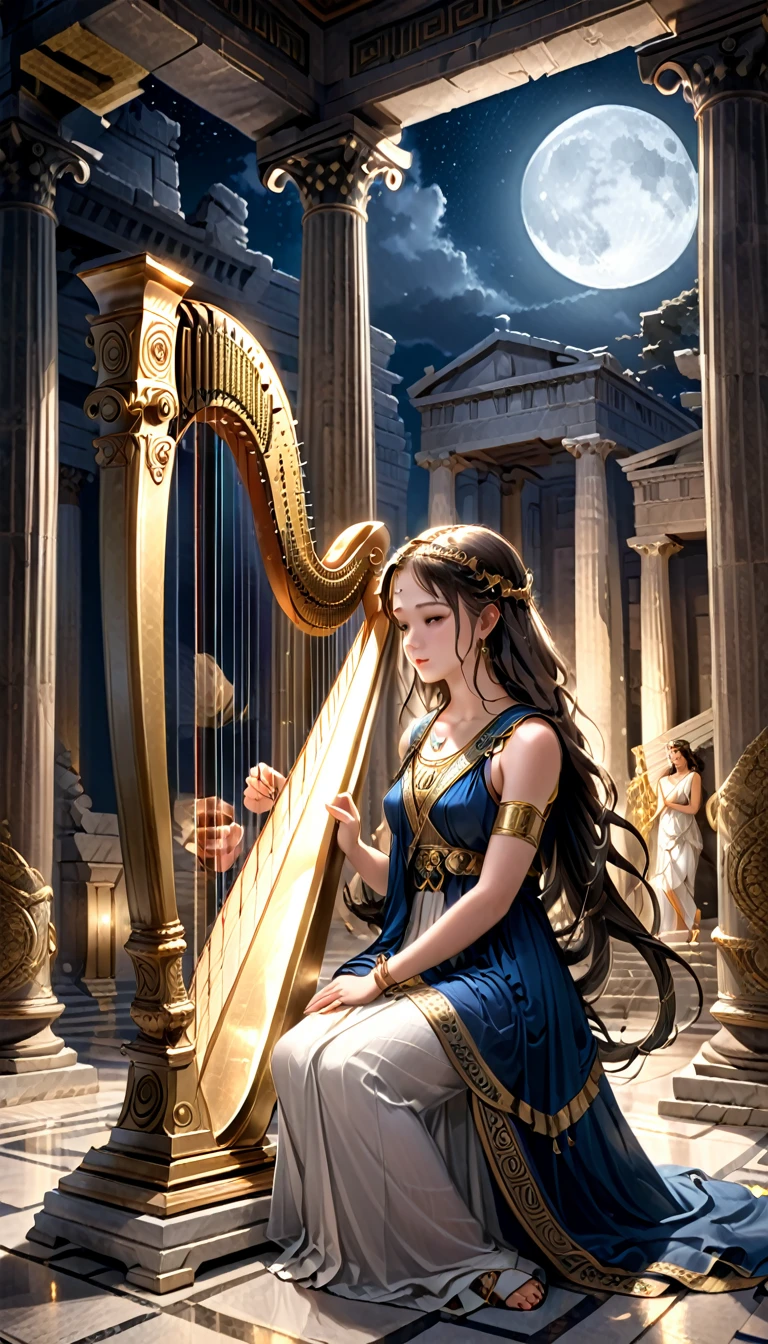 a young priestess, sitting, she places a harp larger than herself in front of him and plays it, playing a large lyre, ancient Greek temple, late at night, inside the temple it is (dark:1.3) and there is (no lighting:1.2), the moonlight shines in at an angle, shining a faint light on her., highly detailed, photorealistic, realistic lighting, intricate architecture, ornate decorations, cool color palette, golden accents, soft fabric textures, mesmerizing expression, elegant pose, cinematic composition, natural lighting, realistic shadows, mystical atmosphere, hyperrealistic, award-winning art