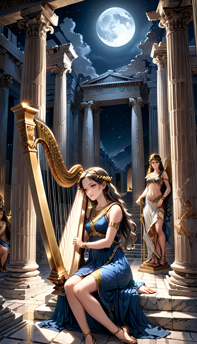 a young priestess, sitting, she places a harp larger than herself in front of him and plays it, playing a large lyre, ancient Greek temple, late at night, inside the temple it is (dark:1.3) and there is (no lighting:1.2), the moonlight shines in at an angle, shining a faint light on her., highly detailed, photorealistic, realistic lighting, intricate architecture, ornate decorations, cool color palette, golden accents, soft fabric textures, mesmerizing expression, elegant pose, cinematic composition, natural lighting, realistic shadows, mystical atmosphere, hyperrealistic, award-winning art