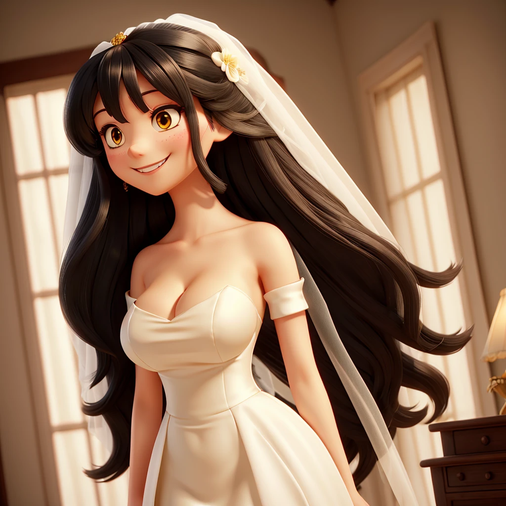 long black hair, Bangs covering the eyes, wedding dress, suggestive, big breasted, big butt, smiling, yellow eyes, straight hair