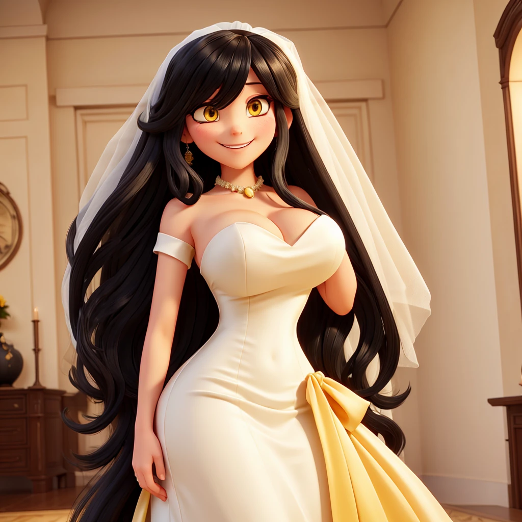 long black hair, Bangs covering the eyes, wedding dress, suggestive, big breasted, big butt, smiling, yellow eyes, straight hair