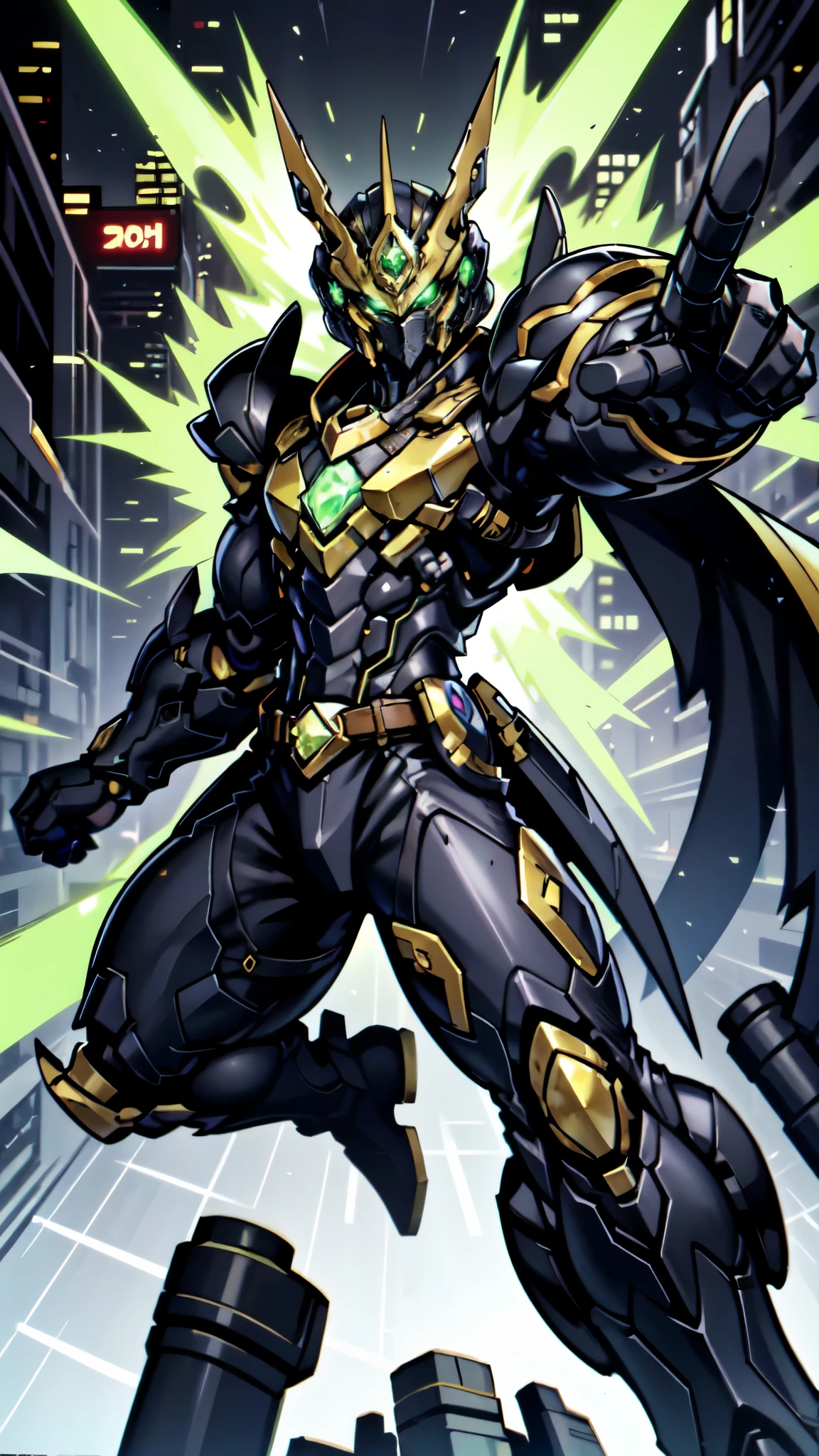 (masterpiece:1.5, best quality:1.5, extremely delicate:1.5, perspective:1.5, foreshortening:1.5, dynamic angle:1.5), a man wearing a full-face helmet, a fantasy-style biotech armored combat suit, green eyes, (a composite layered chest armor), fully enclosed shoulder guards, matching arm and leg guards, the belt is adorned with neon circuitry, (the color scheme is primarily black glow with green and red accents), the design balances heavy with agility, a high-tech bio-mecha armor, (Armor Concept Inspired by neon Cyberpunk, stand on the top of a skyscraper in a futuristic sci-fi city), this character embodies a finely crafted fantasy-surreal style armored hero in anime style, exquisite and mature manga art style, (battle damage, element, plasma, energy, the armor glows), ((male:1.5)), metallic, high definition, highres, ultra-detailed, ultra-fine painting, professional, perfect body proportions, golden ratio, anatomically correct, symmetrical face, extremely detailed eyes and face, high quality eyes, creativity, RAW photo, UHD, 32k, Natural light, cinematic lighting, masterpiece-anatomy-perfect