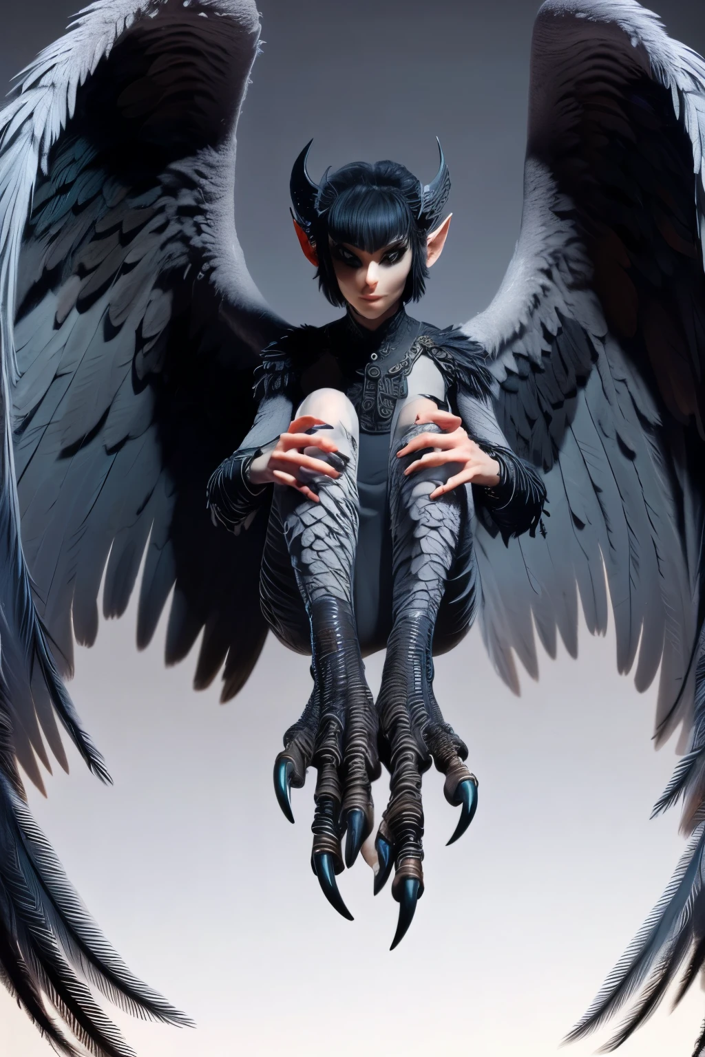 harpy,black wings,black arms wings,black short hair,black suit,black plague mask