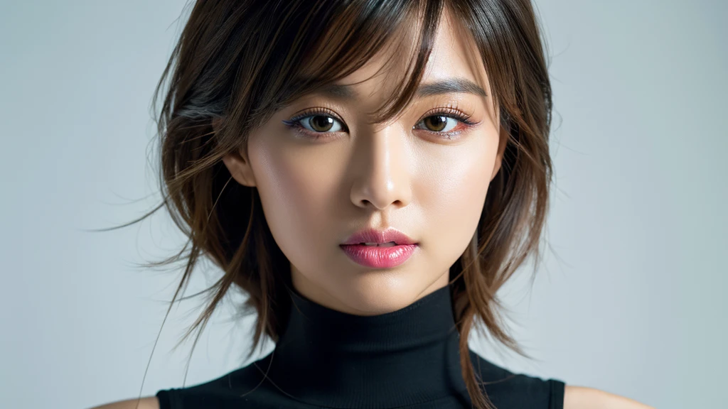 (Detailed face),vivid,White sleeveless top and turtleneck,4K,Ultra-high resolution,(Photorealistic:1.7),Black long hair,White Background,